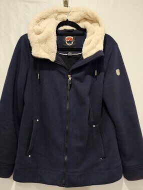 1 Madison Expedition Women's Knit Jacket Size M Navy Blue Sherpa Faux Fur Hood